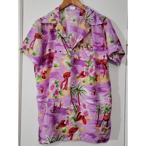 King Kameha Purple Flamingo Hawaiian Button Down‎ Short Sleeve Shirt M